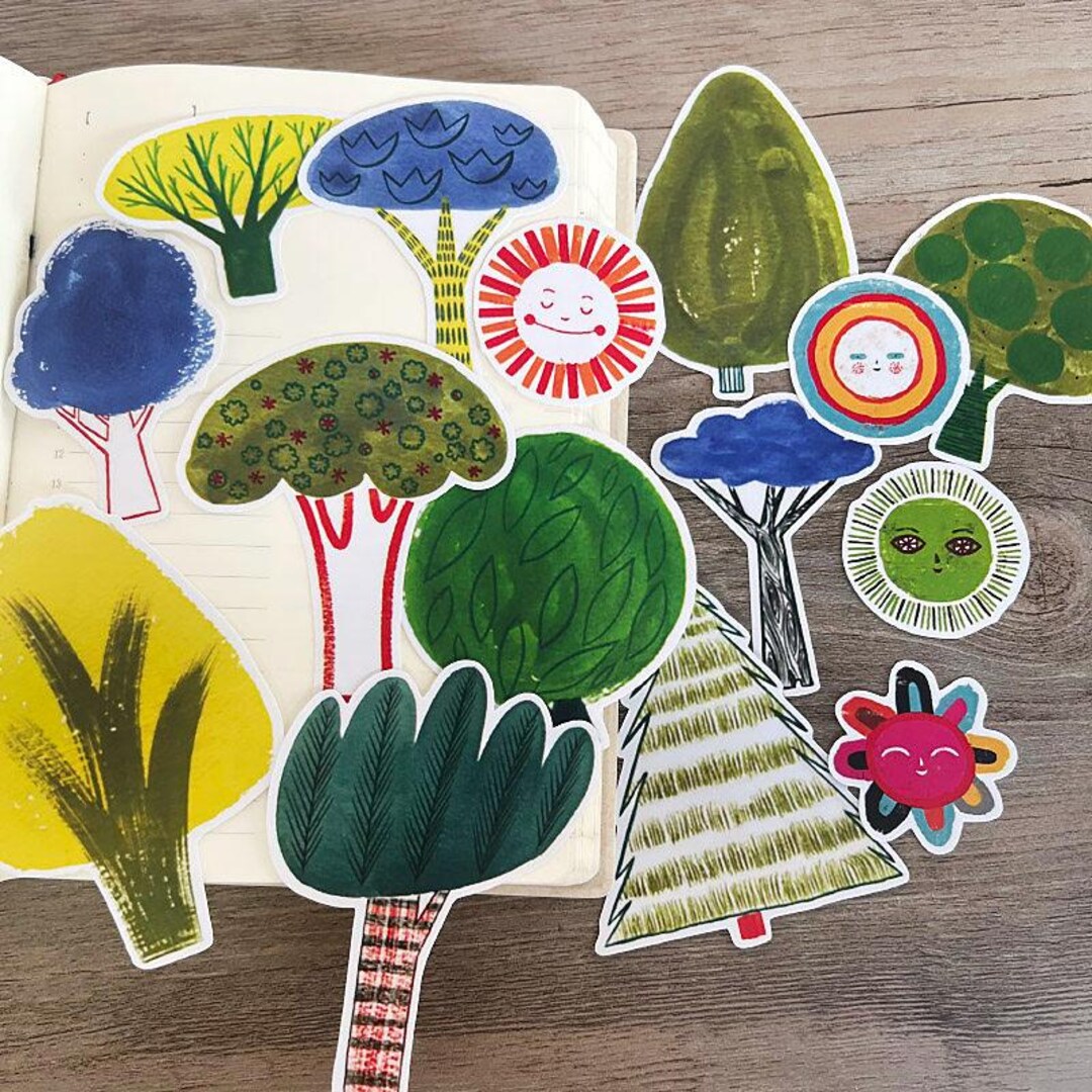 Hand-drawn Cartoon Tree Stickers, Nature Decals, Multi-color Stationery ...