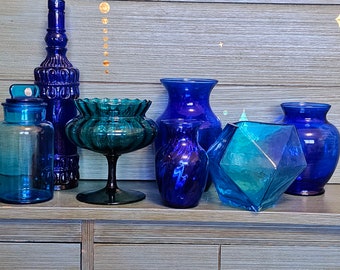 Modern Boho Blue Green Glass Vase Bottle Set Decor Glassware