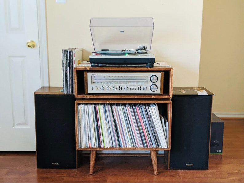 Mid Century Record Console Stand Double Decker Modern Media Console 