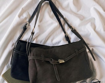 Retro Wildleder Tragetasche: Minimalistische Schnalle Detail Stoff Schultertasche