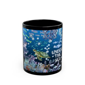 Ocean-Themed Black Coffee Mug: Under the Sea Marine Life Decor