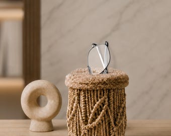 Boho Decor Eyeglass Holder Stand for Desk Organizer | Soft Plush Basket for Sunglasses Storage and Home Vanity