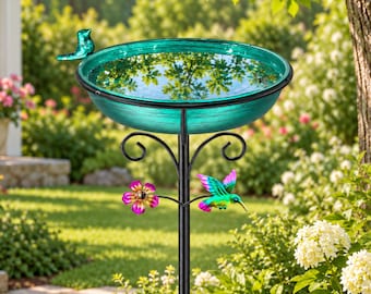 Rustic Metal Garden Bird Bath Bowl with Stand: Hummingbird & Flower Design
