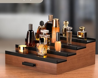4-Tier Wooden Perfume Organizer with Drawer: Cologne Display Shelf
