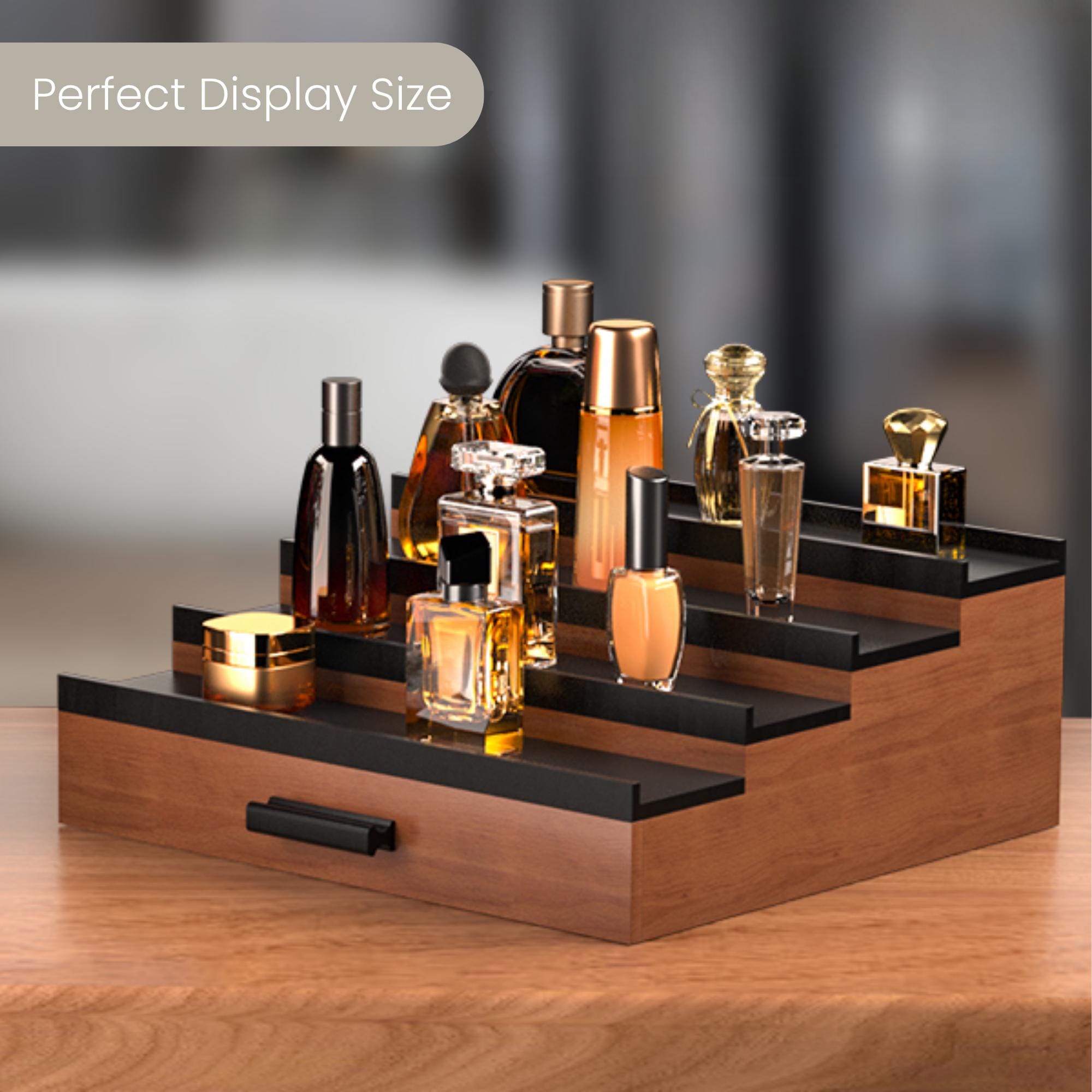 4-Tier Wooden Perfume Organizer with Drawer: Cologne Display Shelf