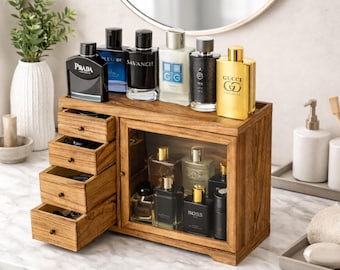 Large Cologne Organizer with 4 Drawers | Wooden Perfume Display Cabinet Along Acrylic Panel – Perfume Holder for Dresser