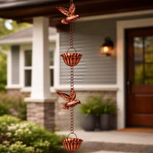 May include: A copper-colored hummingbird rain chain with two decorative bird figures and two bowl-shaped catchers. The rain chain hangs from a porch and is designed to channel rainwater. The hummingbird figures are in flight.