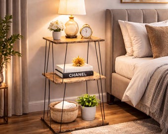 29" Tall Rustic Wooden Side Table | 3-Tier Narrow Bedside & End Table for Home Organizer