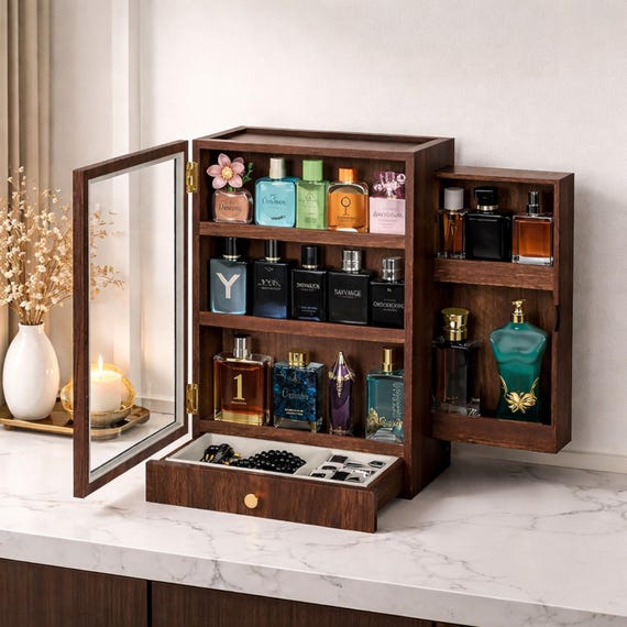 Wooden Perfume Organizer Cabinet With Drawer – Cologne Storage With Glass Display