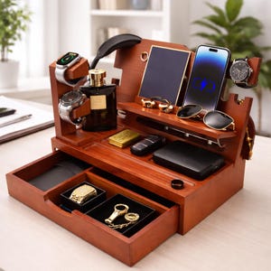 Wooden Docking Station for Men | Nightstand Organizer with Drawer, Bedside Organizer, Charging Stand