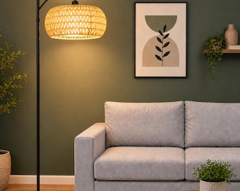 Rattan Boho Arc Floor Lamp for Home – Adjustable Standing Lamp with Remote Control