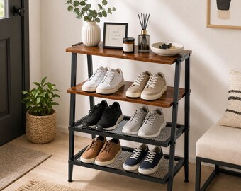 Industrial 4-Tier Shoe Rack – Heavy Duty Shoe Storage Rack With Wooden Top | Entryway Shoes Shelf