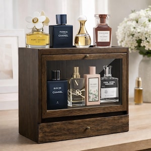 Solid Wooden Perfume Organizer for Men | Dustproof Cologne Display with Drawer