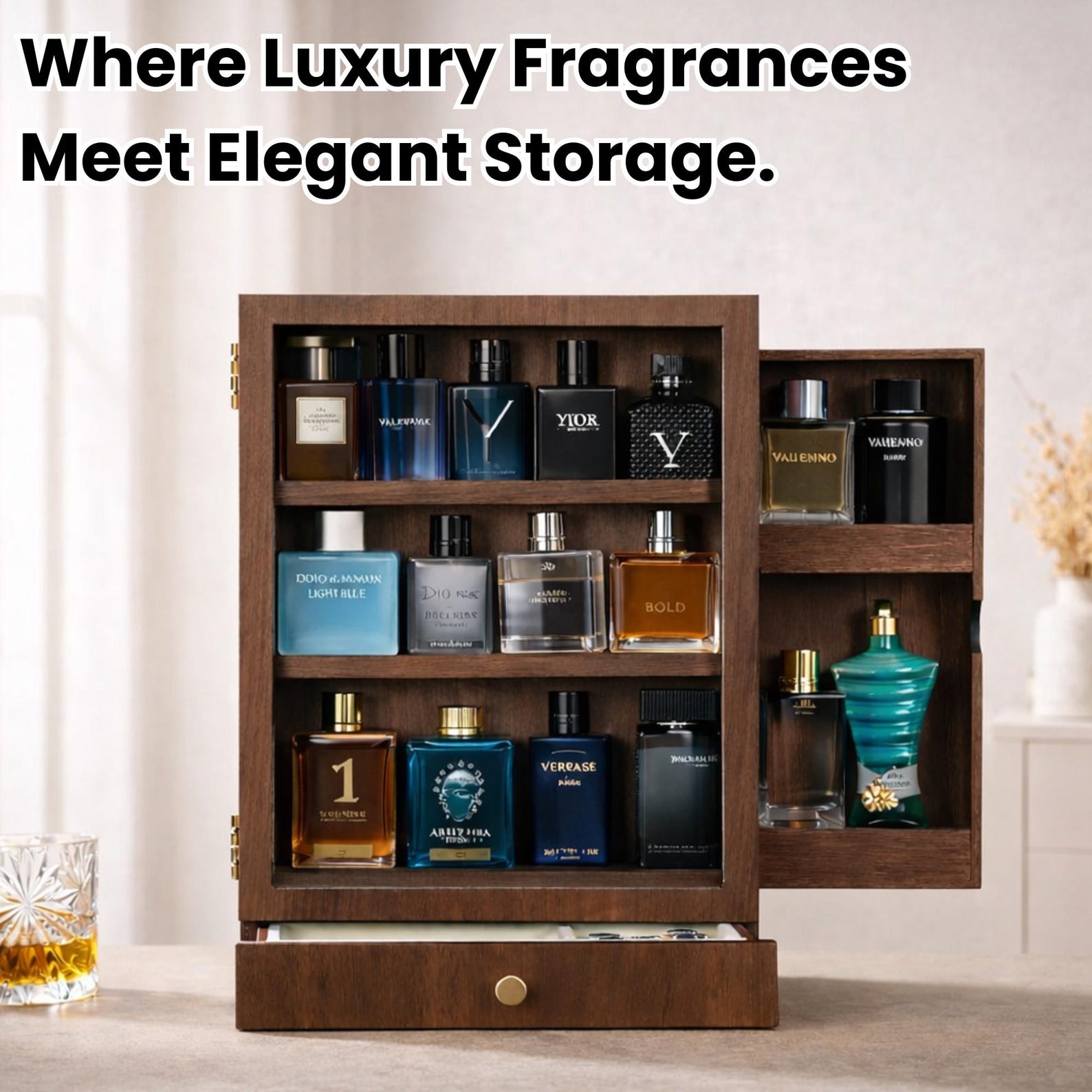 Wooden Perfume Organizer Cabinet With Drawer – Cologne Storage With ...