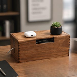 May include: A rectangular wooden cable management box with finger-jointed corners, featuring a front cutout for cords. A white wireless earbud charging case and a small succulent in a black textured pot sit on the flat top surface of the box.