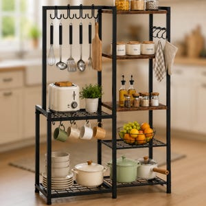 5-Tier Pot Rack, Cookware Stand | Pans Pots Organizer – Kitchen Storage Shelf with Hooks for Cookware, Dishes & Pantry Items