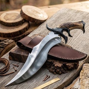 May include: A large, handcrafted hunting knife with a polished steel blade and a handle made of antler and dark material. The knife rests on a wooden surface with a leather sheath, nails, and a brass ruler.