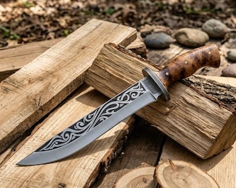 Handmade Engraved Bowie Knife – Custom Hunting Knife with Wooden Handle – Camping & Survival Knife – Gift for Him | Anniversary Gift Knife