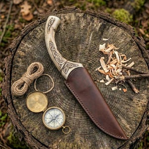 May include: A handcrafted knife with a bone handle featuring Celtic knotwork, resting in a brown leather sheath. A compass, rope, and wood shavings are arranged on a tree stump, suggesting outdoor or survival themes.