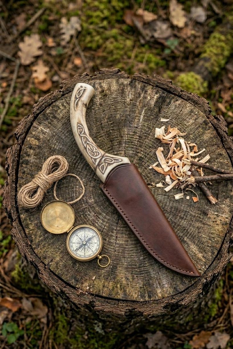May include: A handcrafted knife with a bone handle featuring Celtic knotwork, resting in a brown leather sheath. A compass, rope, and wood shavings are arranged on a tree stump, suggesting outdoor or survival themes.