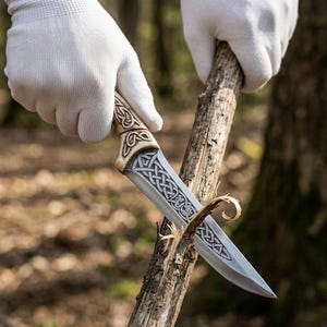 May include: A silver and cream-colored knife with intricate Celtic knotwork designs is used to carve a wooden branch. The knife has a sharp blade and a detailed handle. The person is wearing white gloves. The background is a blurred forest.