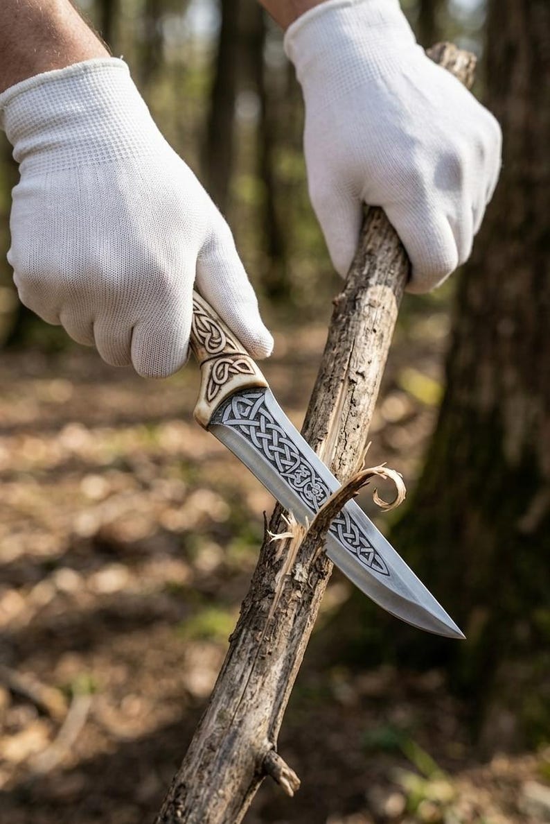May include: A silver and cream-colored knife with intricate Celtic knotwork designs is used to carve a wooden branch. The knife has a sharp blade and a detailed handle. The person is wearing white gloves. The background is a blurred forest.