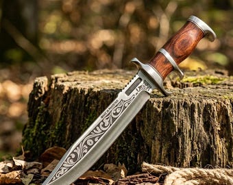 Engraved Stainless Steel Bowie Knife – Wooden Handle Outdoor Survival Tool