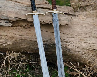 Hand-Forged Damascus Steel Viking Sword: Leather Norse Replica