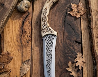 Handmade Viking Knife with Engraved Blade – Custom Norse Celtic Design Hunting Knife – Antler Handle Bushcraft Knife Gift for Men