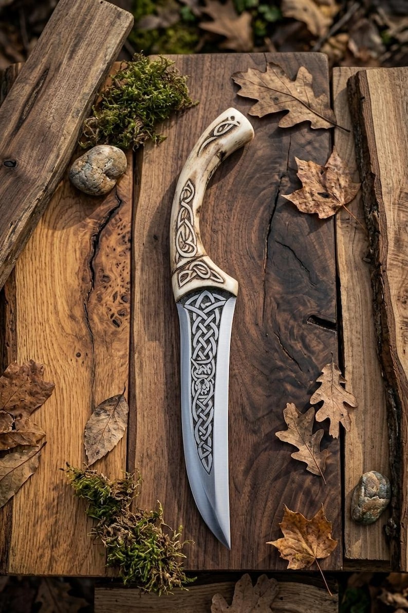 May include: A handcrafted knife with a bone handle and a stainless steel blade. The handle features intricate Celtic knotwork carvings. The knife rests on a wooden surface with autumn leaves and moss, creating a rustic aesthetic.