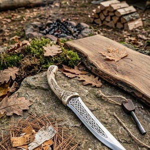 May include: A decorative dagger with a curved handle and a silver blade, featuring intricate Celtic knotwork. The dagger rests on a stone surface, alongside a wooden plank, a fire starter, and a bundle of kindling. The scene is set outdoors, with a backdrop of a forest.