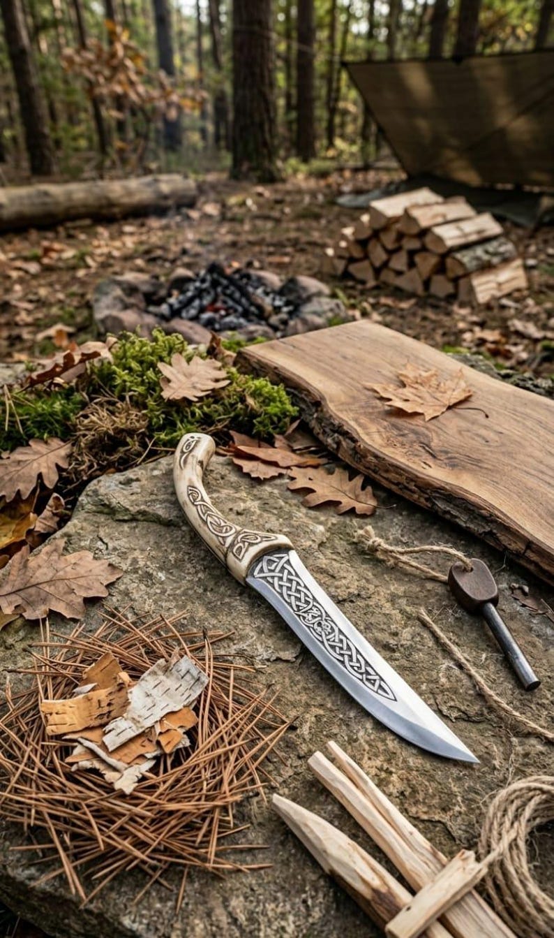 May include: A decorative dagger with a curved handle and a silver blade, featuring intricate Celtic knotwork. The dagger rests on a stone surface, alongside a wooden plank, a fire starter, and a bundle of kindling. The scene is set outdoors, with a backdrop of a forest.