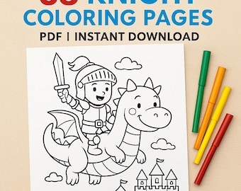 Knight Coloring Pages for Kids – 35 Easy Printable PDF Sheets | Castles, Swords & Shields | Instant Download