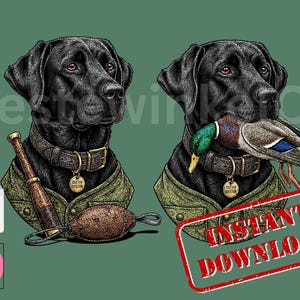 May include: Digital illustration of two black Labradors. One holds a duck, the other has a hunting accessory. Both dogs wear a green jacket and a collar with a tag. The image includes "SVG" and "PNG" file icons and "INSTANT DOWNLOAD" text.