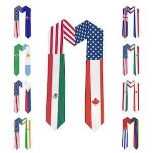 May include: A selection of graduation stoles, each designed with the flags of different nations. The stoles are shaped like an 'M', with each side showcasing a flag. Flags include the UK, Canada, Mexico, and others, with bright colours and detailed patterns.