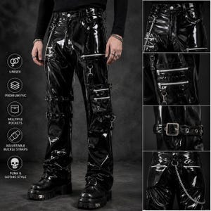 May include: Black PVC trousers featuring a glossy finish, multiple zipped cargo pockets, and adjustable buckle straps on the legs. The design includes silver-toned metal hardware, including D-rings and a chain attachment, creating a structured look.