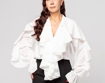White Ruffle Blouse for Women – Elegant Cotton Top, Romantic Victorian Style