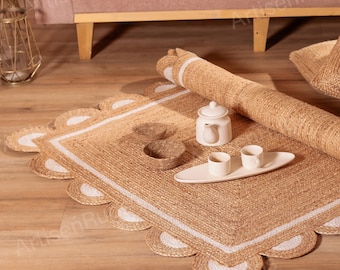 Handgewebter Teppich aus Jute: Ausgebogter Naturteppich mit weißer Bordüre Boho-Dekor Benutzerdefinierte Größe
