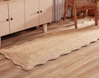 Tapis de passage en jute naturel pour couloir à fort trafic | festonné fait main vague | Tapis de passage bohème rustique