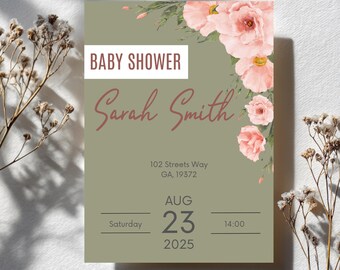 Baby Shower Invitation & Games Bundle: Editable Canva Template (Digital Download) | Sage Green
