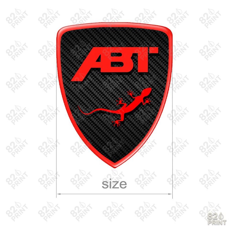 May include: A shield-shaped emblem with a red border and a carbon fiber texture. The emblem features the red text "ABT" and a red lizard graphic. The word "size" is written below the emblem.