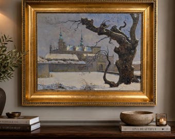 Kronborg Castle Winter Landscape: Signed Antique Danish Oil Painting