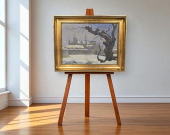 Paisaje invernal del castillo de Kronborg: pintura al óleo danesa antigua firmada