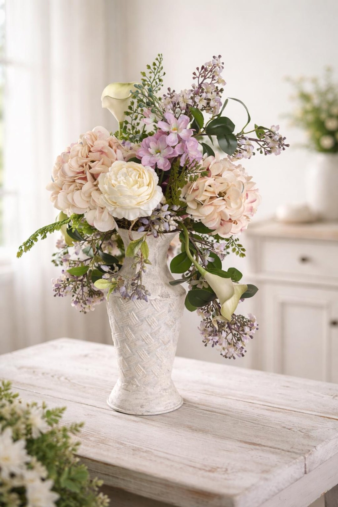 Silk Hydrangea Calla Lily Floral Arrangement, Cream Basket Weave Vase ...