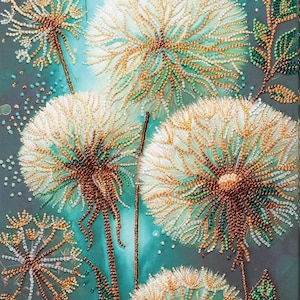 May include: A beaded artwork depicting dandelions. The flowers are crafted with white, gold, and green beads, set against a teal and grey backdrop. The stems and leaves are also beaded, creating a textured, three-dimensional effect.