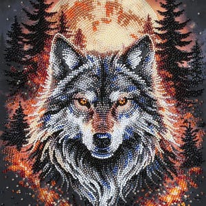 May include: A detailed beaded artwork showing a wolf's head against a full moon and pine trees. The wolf's fur is in shades of grey, white, and blue, with amber eyes. The background features a fiery, orange and red glow, creating a dramatic scene.