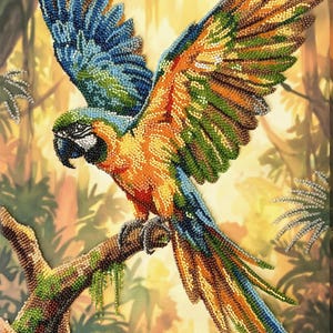 Peut inclure: Une œuvre d'art murale perlée représentant un perroquet ara vibrant perché sur une branche. L'oiseau présente un plumage bleu, orange, jaune et vert avec des perles complexes. L'arrière-plan montre une jungle floue avec de la mousse.