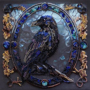 May include: A detailed beaded artwork of a raven. The raven is depicted in black, blue, and purple beads, set against a blue and grey backdrop. The artwork is framed with a beaded border in shades of blue, gold, and brown, creating a decorative piece.
