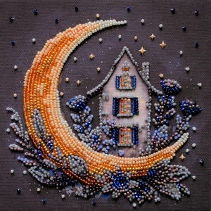 May include: A detailed beadwork image of a house within a crescent moon. The moon is made with orange and cream beads, the house has blue shutters, and blue floral elements surround it. Stars and small beads are scattered on the dark background.