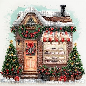 Könnte beinhalten: Eine detaillierte, mit Perlen bestickte Weihnachtsszene zeigt eine Bäckerei mit schneebedecktem Dach und festlicher Dekoration. Das Geschäft verfügt über eine Kuchenauslage, eine mit einem Kranz geschmückte Tür und zwei Weihnachtsbäume. Rote Beeren und eine gestreifte Markise tragen zum Weihnachtszauber bei.
